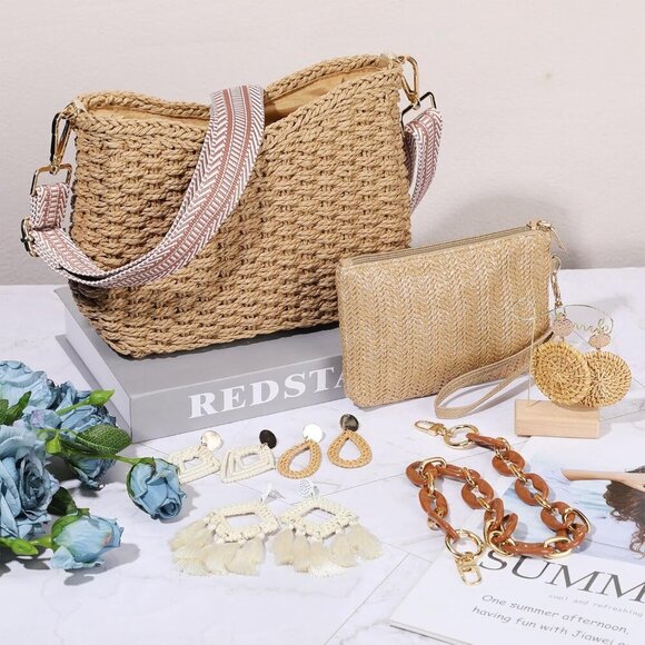 Straw Clutch Purse for Women Rattan Earrings Set Summer Beach Straw Bag Boho Han - Picture 6 of 6